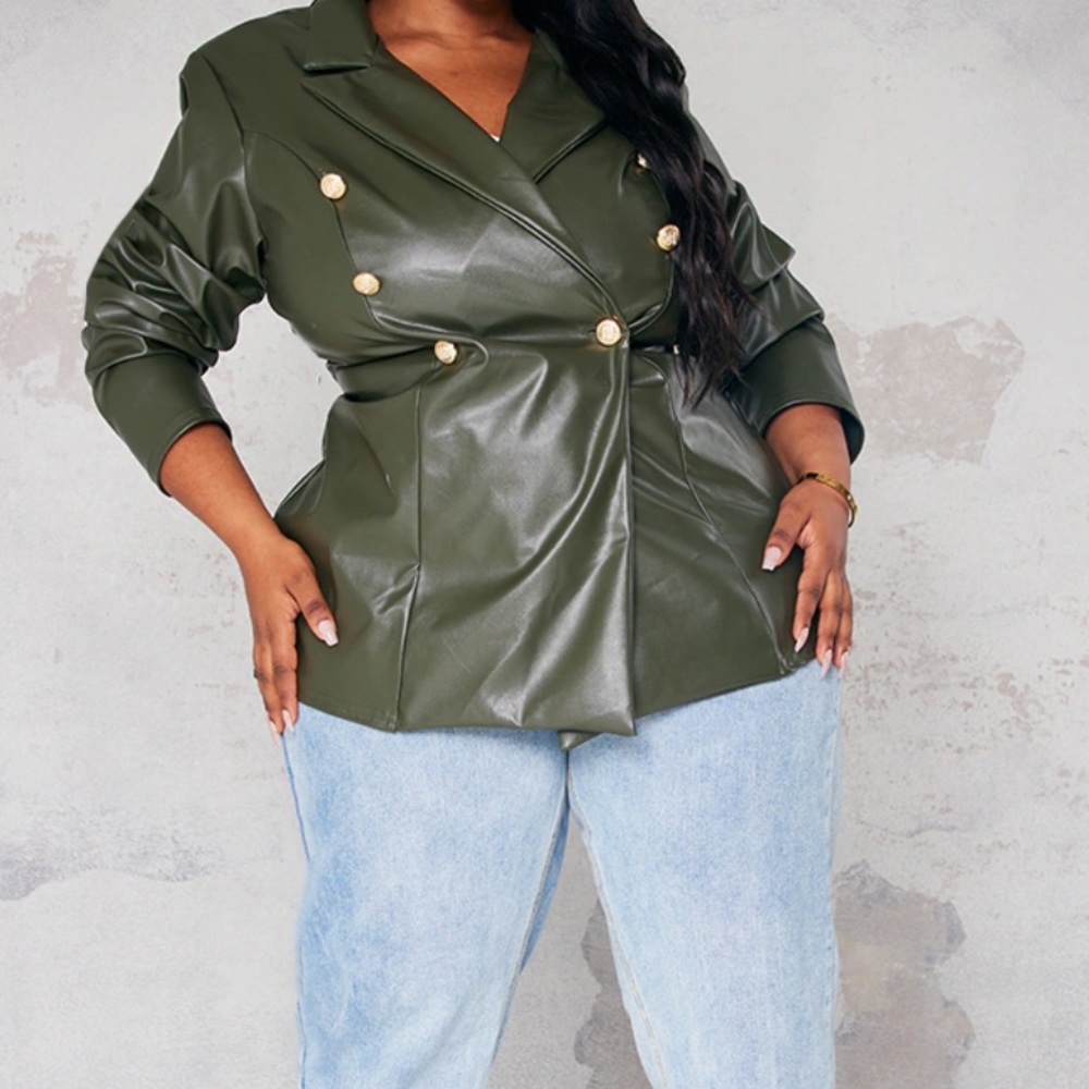 Plus Khaki Basic Military Button Faux Leather Fitted Blazer